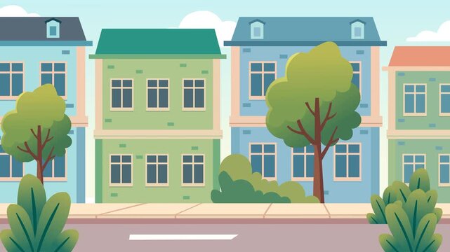 City street, road background animation. Cartoon suburban row houses with trees, sidewalk background. Flat vector illustration of quiet residential neighborhood street