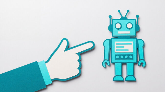 Digital hand gesture pointing towards a small cute robot figure