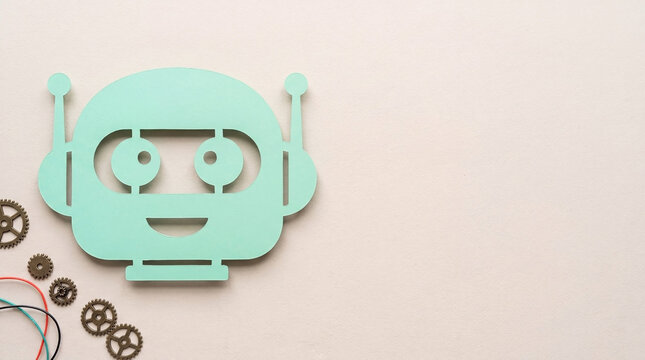 Minimalist teal robot head symbol with metallic gears on soft