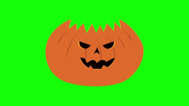 Halloween pumpkin head, spooky icon sign, isolated on green screen. Animated scary and cute carved face cartoon. Advertisement, illustration idea, party and celebration symbol. Element for video.