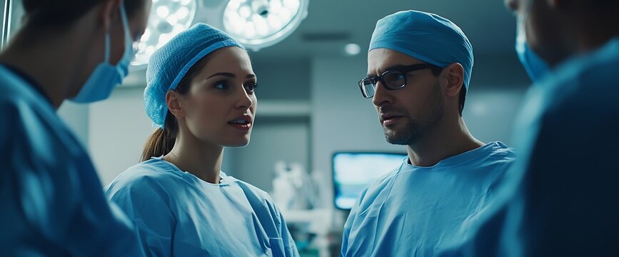 Three doctors in scrubs and surgical masks discuss a case in a hospital operating room.