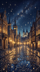 Fototapeta premium A peaceful night city where glowing stars gently fall from the sky like rain, collecting in puddles and reflecting warm light 