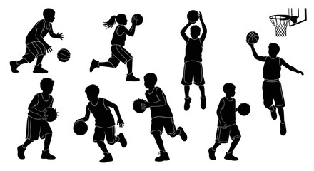 Basketball player silhouettes set, youth athletes playing sports vector collection, children dribbling and shooting basketball icons © SiyamolHasan