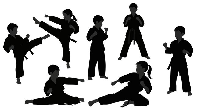 Martial arts kids silhouettes, karate children vector set. Taekwondo youth poses, judo student black icons for sports club branding.