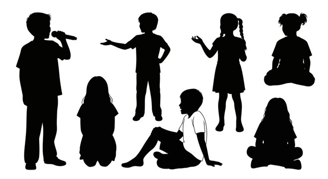 Children silhouettes collection, diverse kids group vector set, boys and girls standing and sitting figures, school age child silhouettes