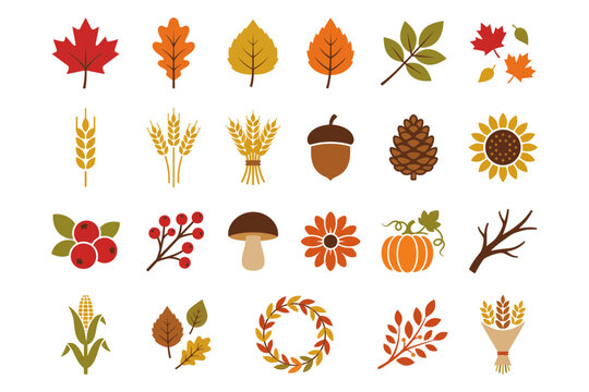 Set of colorful autumn icons and harvest elements for seasonal thanks giving holiday design and decoration projects