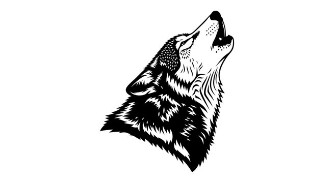 Vintage howling wolf head vector illustration. Black and white wild animal mascot profile. Hand drawn timber wolf head for outdoor apparel.