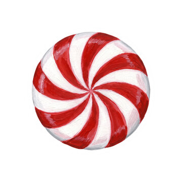 Round peppermint candy featuring vibrant red and white painted swirl patterns isolated on transparent background