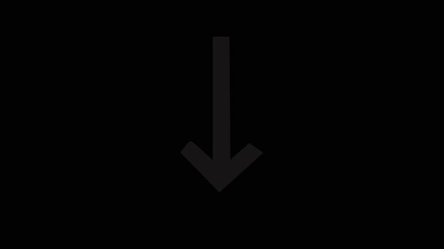 Minimalist pulsing downward arrow animation on black background, for ui and, web pointer direction