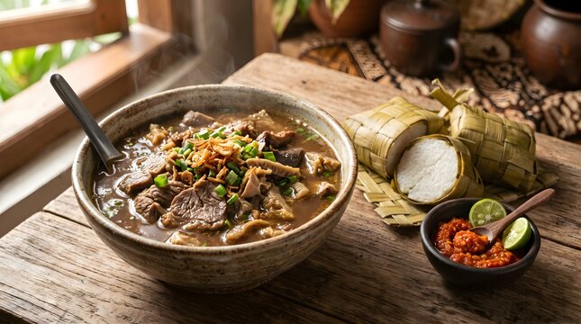 Traditional food- Coto Makassar special from Indonesia with style bowl of hearty beef soup served with rice cakes, fresh herbs, vegetables, and spicy condiments on a rustic wooden table.