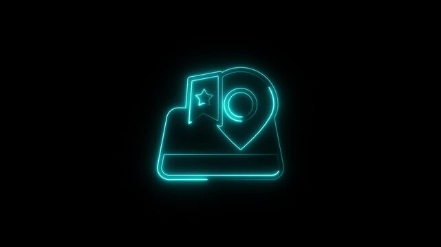 Neon glowing map pin with star bookmark animation on black background, location