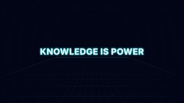Knowledge is power glowing neon text animation on dark abstract background