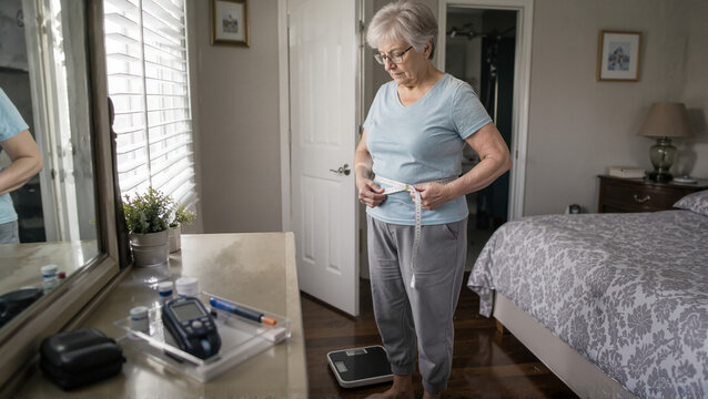 Elderly person measuring waist with tape in bedroom while monitoring health. Senior individual checking weight on scale and using medical devices for health management.