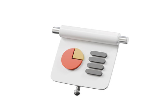 3d presentation pie chart report icon. business analytics concept. minimal cartoon flip chart and summary for financial reports. isolated on white transparent background. 3d render.