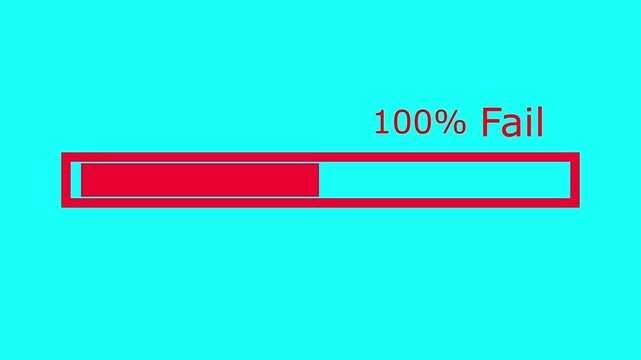 100% fail loading bar animation, red progress indicator on cyan background, for error or, system failure concept
