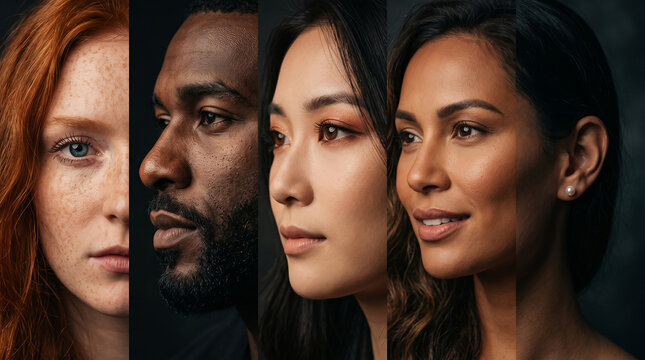 Collage of diverse human faces, showcasing different ethnicities and features, representing unity, diversity, and the beauty of individuality