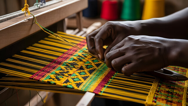 Close up of dark skinned artisan hands weaving vibrant colorful kente cloth on a traditional wooden handloom for authentic craftsmanship and African heritage concept