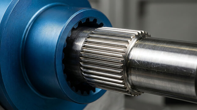 Close-up of a metallic splined shaft connecting into a blue anodized coupling sleeve in industrial precision machinery