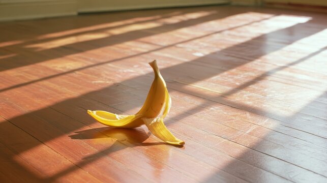 Banana peel resting on polished wooden floor in a sunny room, showing household accident risk, slippery surface, cleanliness, and everyday safety awareness concepts