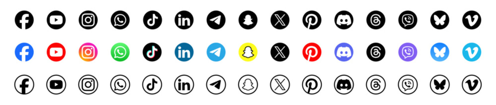 Social media icons set 2026. Social network logos vector collection, facebook, youtube, instagram, whatsapp, tiktok, linkedin, telegram, snapchat, x, pinterest, discord, threads, viber, bluesky, vimeo
