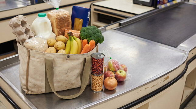 Reusable shopping canvas bag filled with daily essential groceries food staples fresh vegetables fruits milk and bread placed on supermarket checkout counter conveyer belt