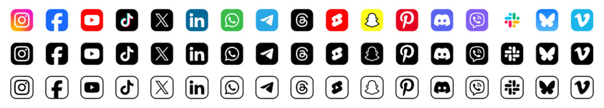 Icons set of popular social media on transparent vector and png, popular social media collection network logos  in 2026, instagram facebook youtube tiktok x linkedin whatsapp telegram threads snapchat