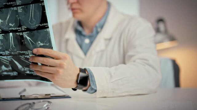 In a well-lit medical office, a doctor meticulously examines a series of MRI scans and X-ray images, searching for fracture features to inform an accurate diagnosis and effective treatment plan
