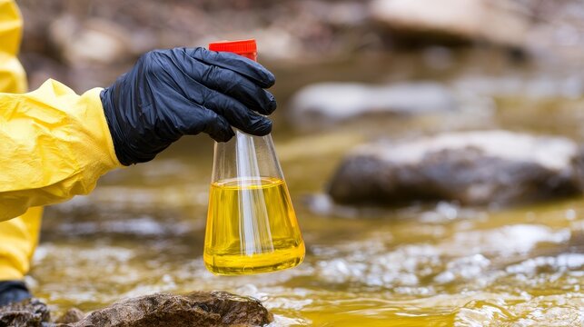 Hazmat technician inspecting water sample flask near contaminated river stream, analyzing industrial pollution levels with protective gear for environmental safety and pollution monitoring concepts