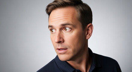 Obraz premium Headshot of a Caucasian adult male with brown hair and eyes, wearing a dark blue polo shirt, looking away with a surprised expression, representative of human emotion and communication