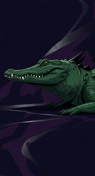 Green crocodile profile in dark abstract setting, symbolizing power, primal instinct, and the wild, ideal for nature or thematic graphics