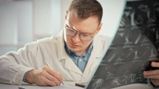 In bright medical office, a doctor reviews an MRI printout of a fracture injury, examining multiple projections, then records findings in the patient's medical record, showing an integrated approach