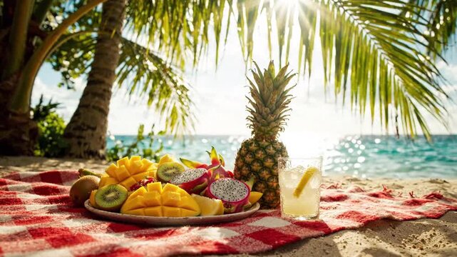 Tropical Fruit Picnic on Sunny Beach with Ocean View