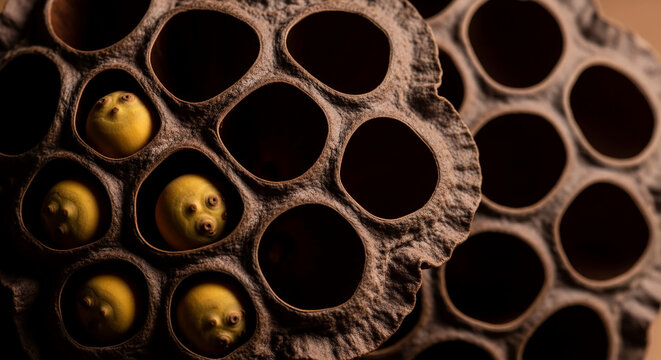 Close-up of dried lotus seed pod with yellow seeds, showcasing natural texture and patterns, symbolizing nature, growth, and organic beauty