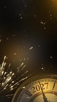 happy new year 2027 retro countdown clock animation with real firework explosion on abstract midnight background with copy space, new years eve greeting card