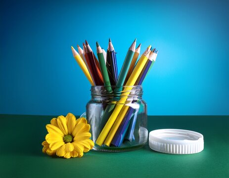 a clear hermetic jar filled with colorful makers and pencils on a graduated blue green blackground with yellow silk flower laying beside copy space