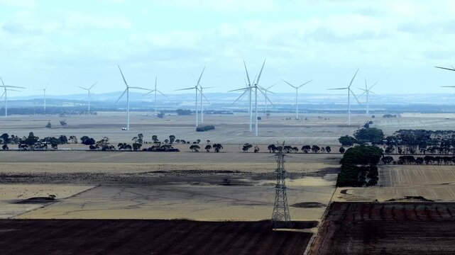 Power lines at Berrybank wind farm power generation plant in Victoria, Australia &ndash; aerial.
