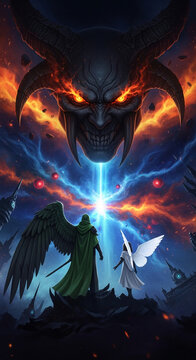 Epic battle scene between angel and demon figures against a fiery, cosmic backdrop, representing spiritual conflict and good versus evil
