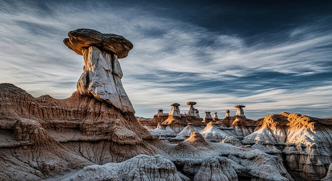 Unique sandstone hoodoo formations under a dramatic sky, showcasing natural geological wonders and remote wilderness, perfect for travel and earth science themes