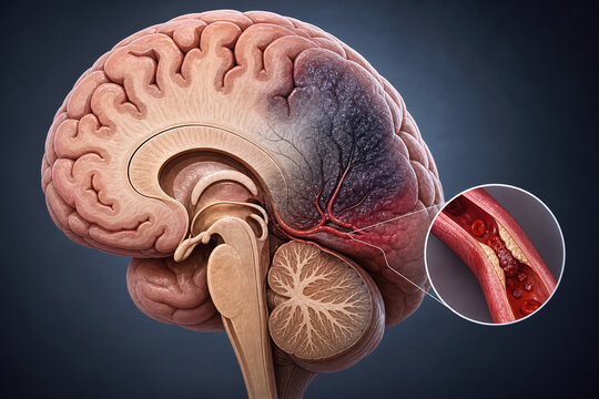 Brain stroke cross section showing blocked blood flow