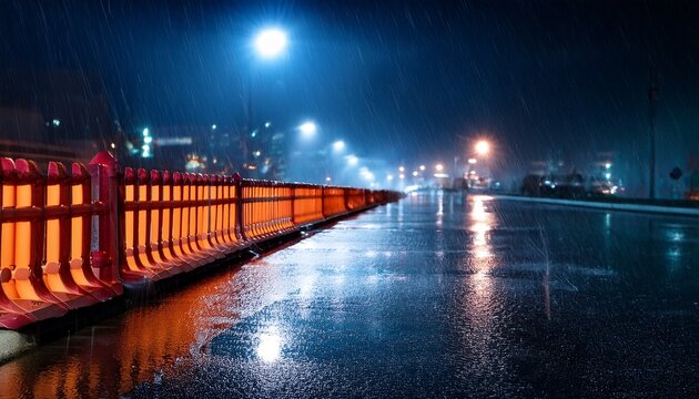 night road barrier a captivating night scene of a road barricade reflecting the city s vibrant lights under the gentle fall of rain