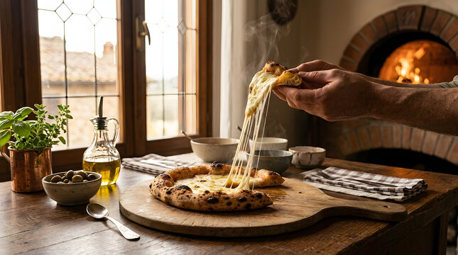 Hot rustic cheese pizza with dramatic cheese pull and wood fired oven