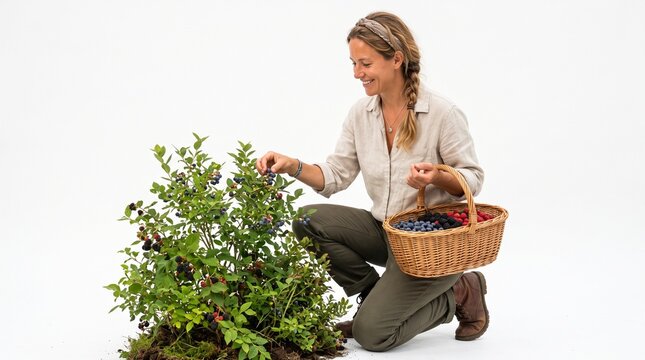Young woman harvesting fresh green herbs in woven basket for organic cooking and gardening