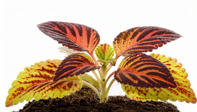 coleus seedling growing with colorful patterned leaves on white