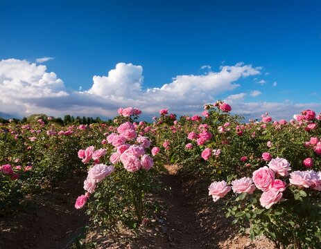 field of roses on the background of the blue sky