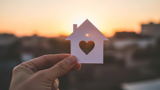 Hand holding paper house with heart cutout against sunset sky, symbolizing home love and dreams