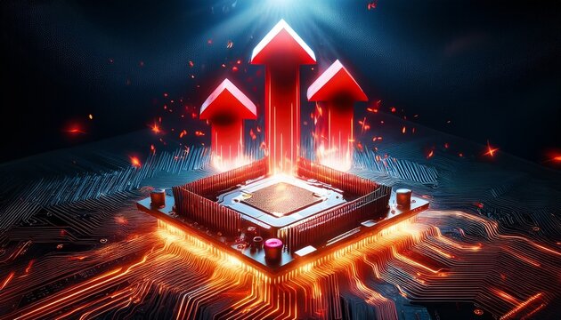 floating computer graphics processing unit card with glowing sparks fire and large red upward arrows above an illuminated digital circuit board in dark space