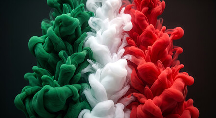 Fototapeta premium Abstract background of green, white and red ink clouds swirling in water representing the Italian national flag colors