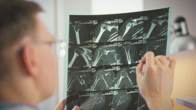 In well-lit diagnostic room, doctor meticulously examines a series of MRI scans and X-ray images, analyzing fractures to identify potential challenges for an upcoming operation, ensuring preparation