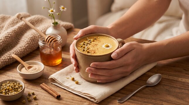 GABA & Chamomile Latte &ndash; Warm Botanical Beverage with Honey and Oat Milk