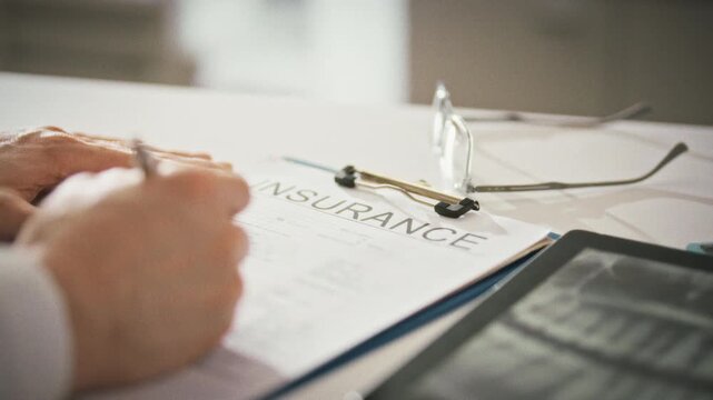 Insurance brochure in dental office is reviewed by dentist as they consult patient, explaining coverage details for next dental treatment. dialogue eases concerns and prepares the patient for care